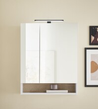 Badezimmerspiegelschrank >Denver< LED, Steckdose, weiß matt / eiche Dekor - 60x75x22 (BxHxT)