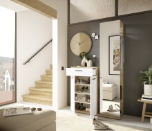 Kompaktgarderobe >Malaga< 2 Türen, 1 Schub, Spiegel, Eiche Dekor / Weiß - 105x188x38cm (BxHxT)