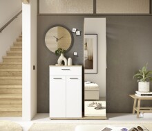 Kompaktgarderobe >Malaga< 2 Türen, 1 Schub, Spiegel, Eiche Dekor / Weiß - 105x188x38cm (BxHxT)