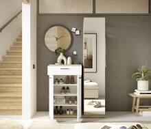 Kompaktgarderobe >Malaga< 2 Türen, 1 Schub, Spiegel, Eiche Dekor / Weiß - 105x188x38cm (BxHxT)