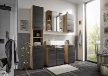 Hochschrank >Vista < 2 Türen, 6 Fächer, schwarz / viking oak Dekor - 34x190x31cm (BxHxT)