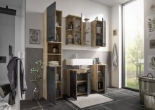 Hochschrank >Vista < 2 Türen, 6 Fächer, schwarz / viking oak Dekor - 34x190x31cm (BxHxT)