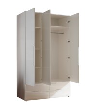 Kleiderschrank >Spice< 3 Türen, 4 Schübe, in Weiß / Weiß Hochglanz - 126x208x57 (BxHxT)