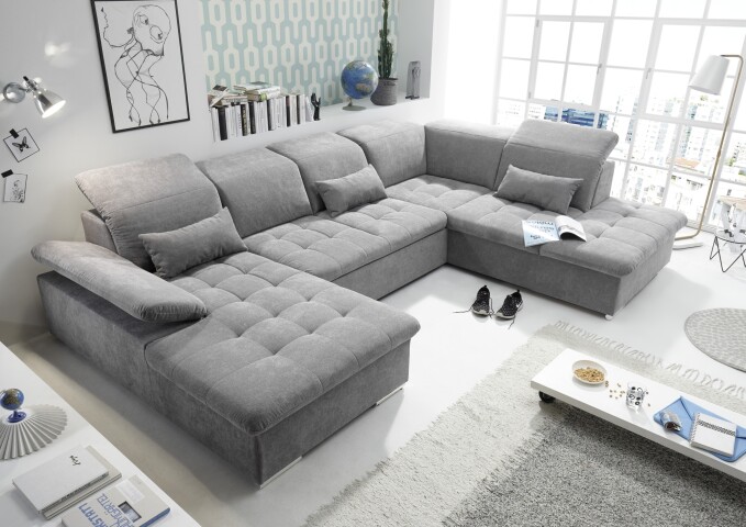 Wohnlandschaft >WAYNE< Schlaffunktion, Stauraum, Bezug dark grey - 380x81x240 (BxHxT)