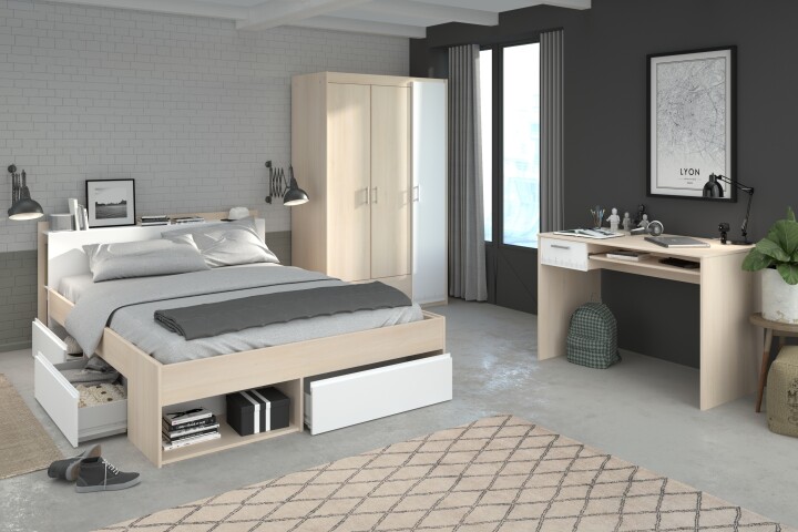 Schlafzimmer-Set >Most 74< (3-teilig) Bett, Kleiderschrank, Schreibtisch, Akazie Dekor / Weiss