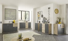 Sideboard >BC 1040< 3 Türen, 2 Schubladen,  viking oak Dekor / grau - 120x84x35cm (BxHxT)