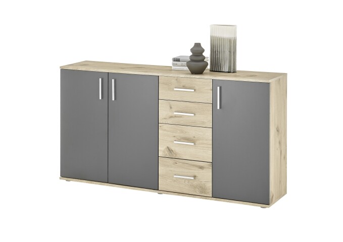 Sideboard >BC 1040< 3 Türen, 4 Schubladen, viking oak Dekor / grau - 160x84x35cm (BxHxT)