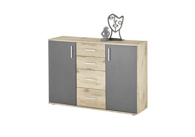 Sideboard >BC 1040< 2 Türen, 4 Schubladen, viking oak Dekor / grau - 120x83x35cm (BxHxT)
