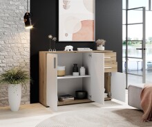 Sideboard >BC 1040< 3 Türen, 2 Schubladen, eiche rustica Dekor/ weiß - 120x84x35cm (BxHxT)