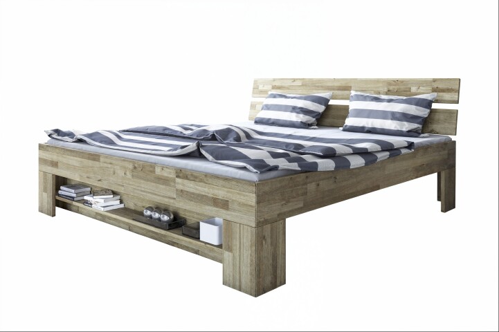 Massivholzbett >Link< Fußteilregal, Liegefl. 180x200, Wildeiche massiv - 185x88x215cm BxHxT