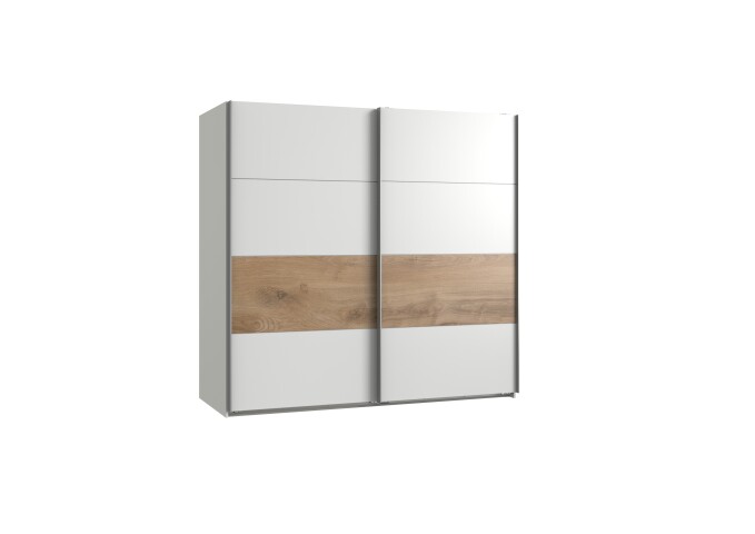 Schwebetürenschrank >Bert< 3 Stangen, 3 Böden, Weiß / Plankeneiche Dekor - 270x208x65cm (BxHxT)