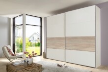 Schwebetürenschrank >Bert< 3 Böden, 3 Stangen, Weiß / Eiche Sägerau Dekor - 270x208x65cm (BxHxT)