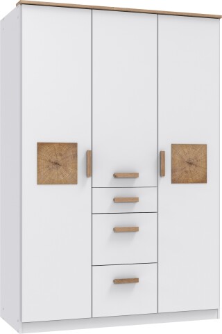 Drehtürenschrank >Gotland< 3 Schübe, 3 Stangen, weiss / Plankeneiche Dekor - 135x199x58cm (BxHxT)