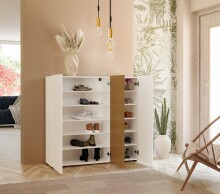 Schuhkommode >Lady< 10 Böden, weiss hochglanz / Eiche Dekor - 120x115x34 (BxHxT)