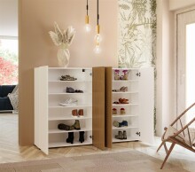 Schuhkommode >Lady< 10 Böden,  weiss hochglanz / Eiche Dekor  - 160x115x34 (BxHxT)