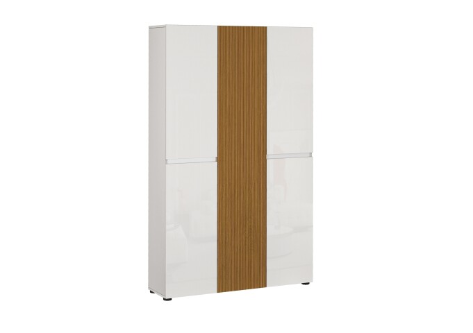 Schuhschrank >Lady< 20 Böden,  weiss hochglanz / Eiche Dekor - 120x200x34 (BxHxT)