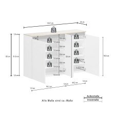 Hängeschuhschrank >Zippo< 8 Böden, weiss hochglanz / Eiche Dekor - 129,7x85x35,1 (BxHxT)