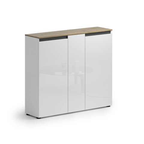 Schuhkommode >Zippo< 10 Böden, weiss hochglanz / Eiche Dekor - 129,7x113,2x35,1 (BxHxT)