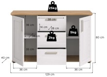 Sideboard >Verona< 2 Türen, 3 Schübe, Sibiu Lärche Dekor - 129x80x40cm (BxHxT)