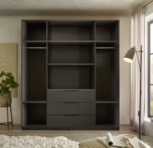 Drehtürenschrank >Nuka< 6 Böden, 2 Stangen, 3 Schübe, Graphit/Hellgrau - 200,5x225,5x60 (BxHxT