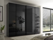 Dreh-/Schwebetürenschrank >Mufo< 10 Böden, 2 Stangen, Graphit / Grauglas - 267x225,5x60,8 (BxHxT)