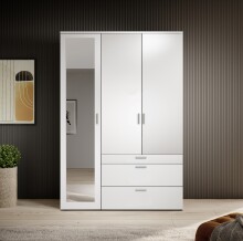 Kleiderschrank >Vesala< in Weiß mit Spiegel, Melamin - 135x195x56cm (BxHxT)