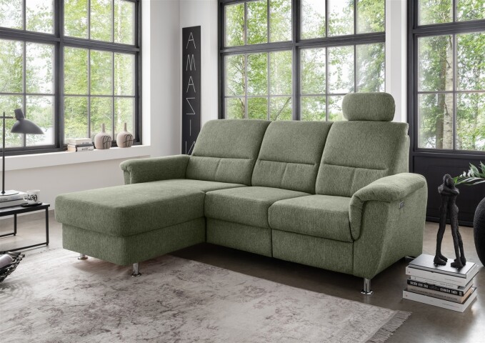 Ecksofa >Ludwigshafen< Motor-funktion, Kopfstütze, Stauraum, moosgrün - 231x113x165 (BxHxT)