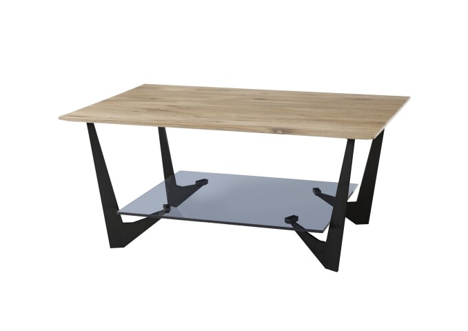 Couchtisch >LEON< in Eiche, Massivholz / Glas / Metall - 90x40x60cm (BxHxT)
