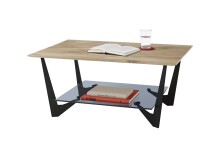 Couchtisch >LEON< in Eiche, Massivholz / Glas / Metall - 90x40x60cm (BxHxT)