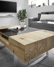 Couchtisch >REWA< in Asteiche furniert / Glas / Metall - 110x40x60 (BxHxT)