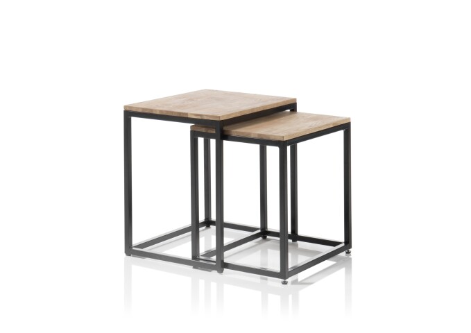 Satztisch >SAKURA< (2er Set) in Asteiche, Massivholz / Metall - 50x50x40cm + 45x45x37cm (B/H/T)