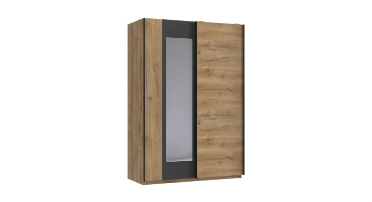 Schwebetürenschrank >TEXEL< mit Spiegel, in PLANKENEICHE Dekor + GRAPHIT - 180x198x65 (BxHxT)
