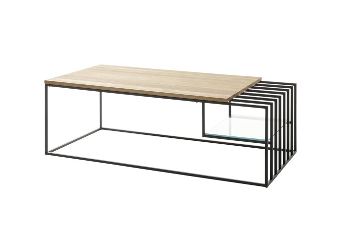 Couchtisch >JUBA< in Eiche, Massivholz / Metall / Klarglas - 120x40x60cm (BxHxT)