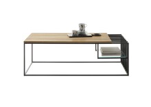 Couchtisch >JUBA< in Eiche, Massivholz / Metall / Klarglas - 120x40x60cm (BxHxT)
