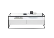 Couchtisch >EVORA< 2 Schübe, Ablage, weiss / Glas - 120x40x60 (BxHxT)