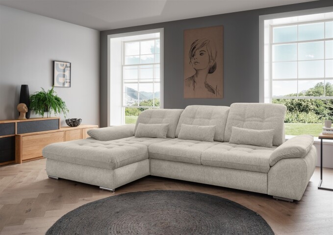 Polstergarnitur >Riordan< Schlaffunktion, Stauraum, Webstoff Corto beige - 314x104x184 (BxHxT)