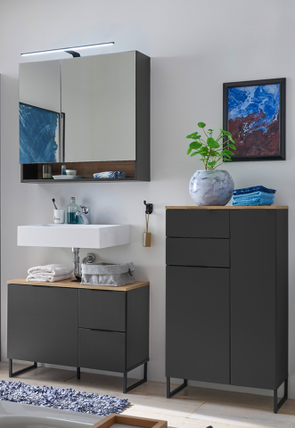 Badezimmer-Set >Denver< (3-tlg.) in schwarz matt / Evoke Eiche Dekor - 160x195x35 (BxHxT)