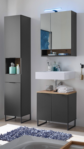 Badezimmer-Set >Denver< (3-tlg.) in schwarz matt / Evoke Eiche Dekor - 120x195x35 (BxHxT)
