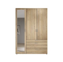 Drehtürenschrank >Vesala< 3 Türen, 3 Schübe, Mauvella Oak mit Spiegel - 135x195x56 (BxHxT)
