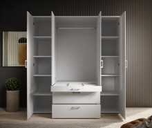 Drehtürenschrank >Vesala< 4 Türen, 3 Schübe, Weiß / Spiegel - 180x195x56cm (BxHxT)