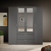 Drehtürenschrank >Vesala< 4 Türen, 3 Schübe, Graphit / Spiegel - 180x195x56cm (BxHxT)