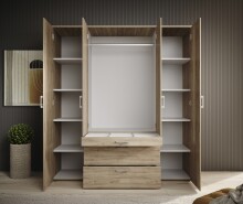 Drehtürenschrank >Vesala< 4 Türen, 3 Schübe, Mauvella Oak / Spiegel - 180x195x56 (BxHxT)
