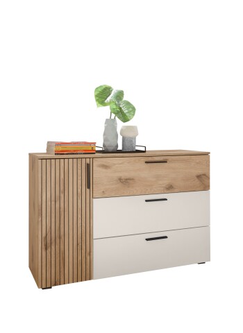 Sideboard >Daria< 1 Tür, 3 Schübe, Viking Oak Dekor hell / Weiß - 125x82,6x40cm (BxHxT)