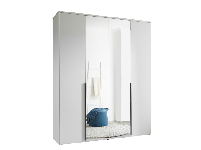 Drehtürenschrank >Kevo<  4 Türen, 2 Böden, Weiß / Spiegel, Dekor - 180x225x52cm (BxHxT)