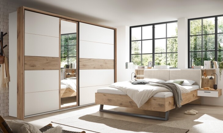 Schlafzimmer-Set >Daria< (3-teilig) Kleiderschrank, Passepartout, Bett, Viking Oak / weiss