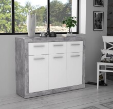 Sideboard >BACCIO< 3 Türen Betonoptik Lichtgrau / Weiss - 117,7x91,8x33,8cm (BxHxT)