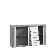 Sideboard >BACCIO< 3 Türen, 4 Schübe, Betonoptik grau / Weiss - 152,4x91,8x33,8cm (BxHxT)