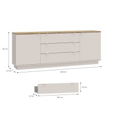 Sideboard >GANYMEDE< 2 Türen, 3 Schübe, Mauvella Eiche / Sand - 224,5x85,7x41,3cm (BxHxT)