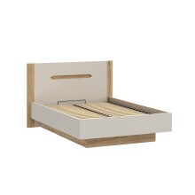 Stauraumbett >EDWAL< Lift-Lattenrost, sandfarbig / Eiche Dekor - 156,2x105,7x206,6cm BxHxT