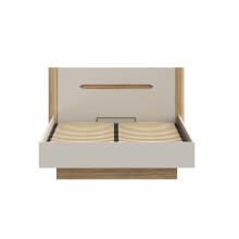 Stauraumbett >EDWAL< Lift-Lattenrost, sandfarbig / Eiche Dekor - 176,2x105,7x206,6cm BxHxT